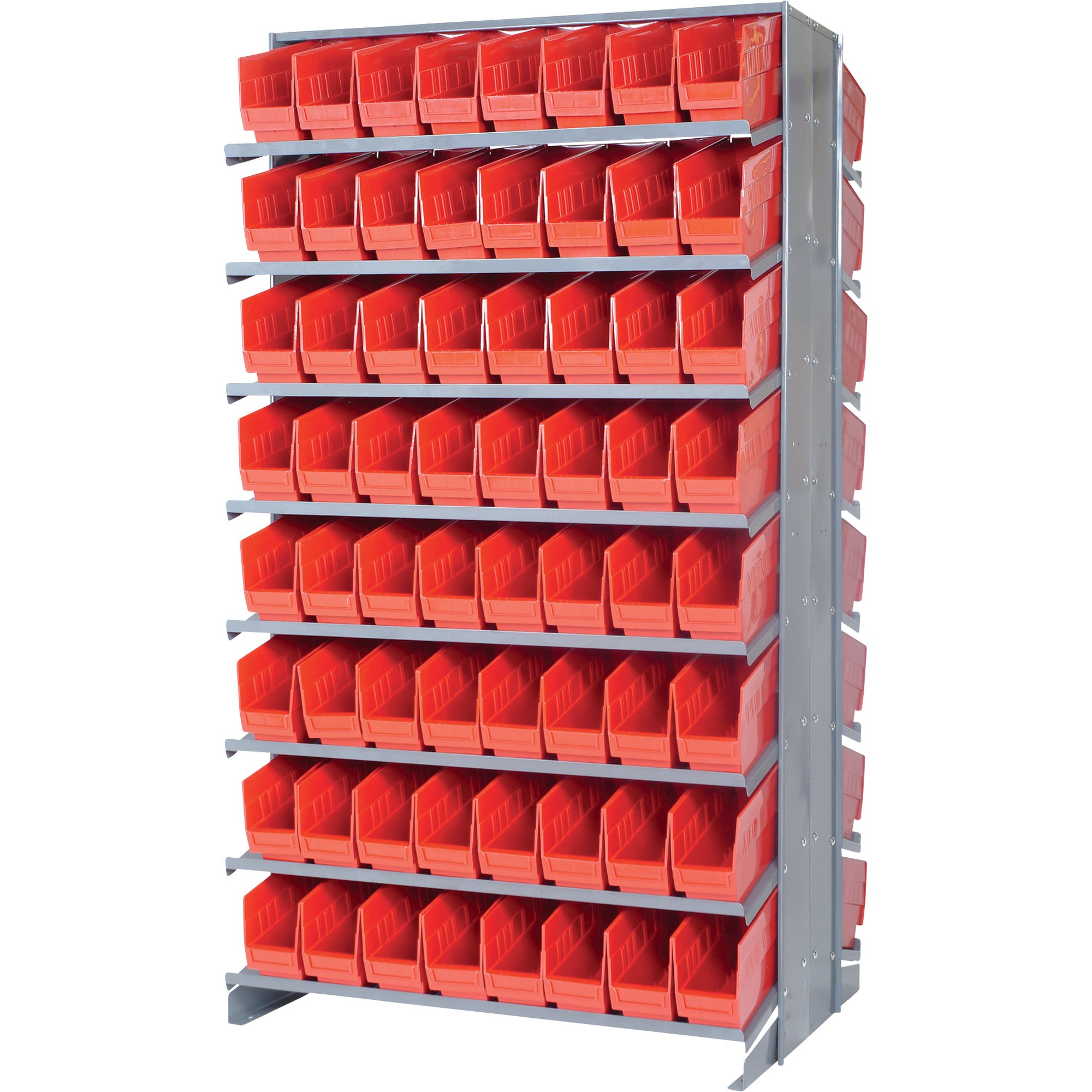 Quantum Double-Sided Store-More Pick Rack Shelf with Bins — 36in.W x 36in.D x 63 1/2in.H, Includes 128 17 7/8in.L x 4 1/8in.W x 6in.H Bins
